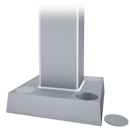 Square aluminum 4-bolt anchor base with 1 cover off