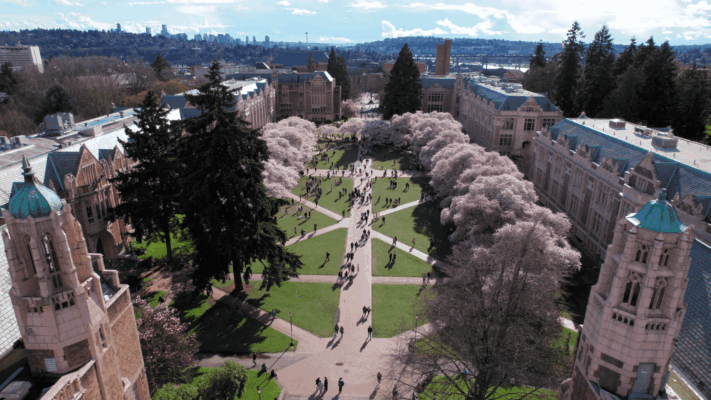 Aerial view of a college campus quad