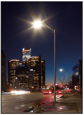 Street light pole in Detroit at night