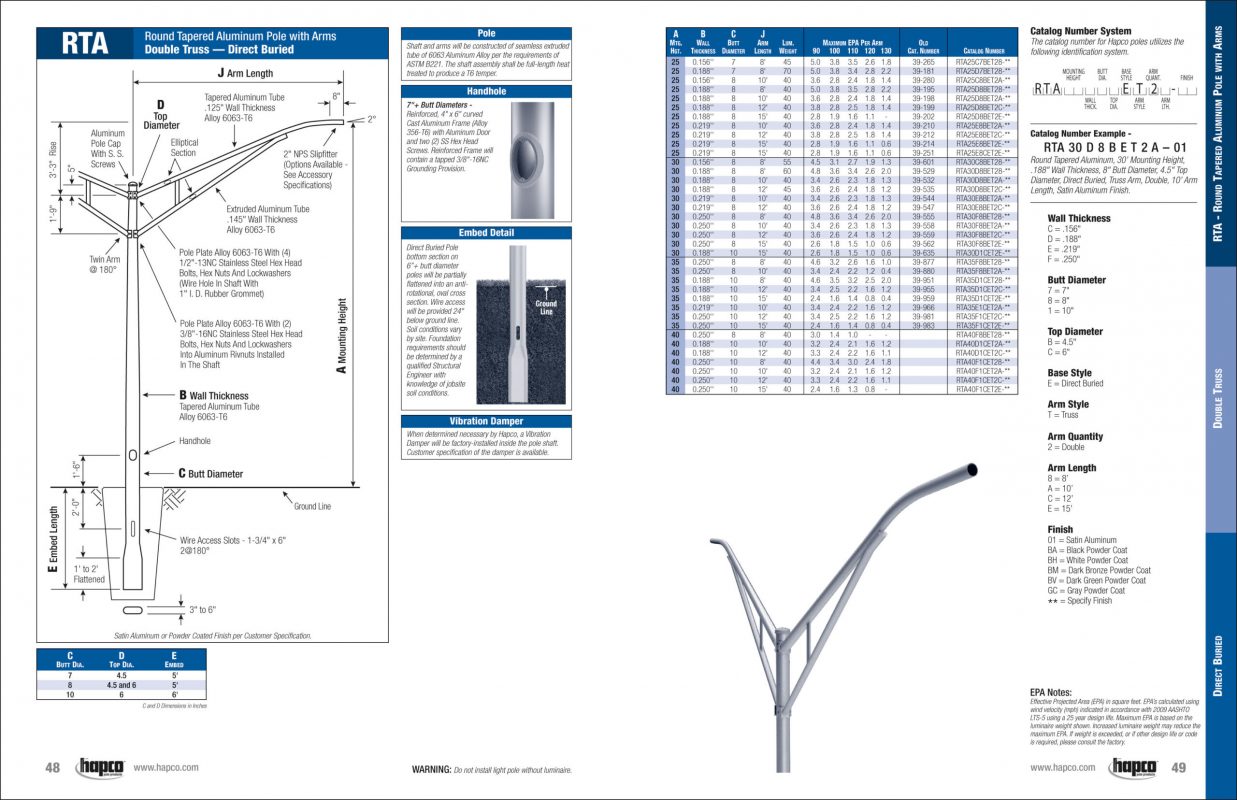 direct buried double truss arm catalog page