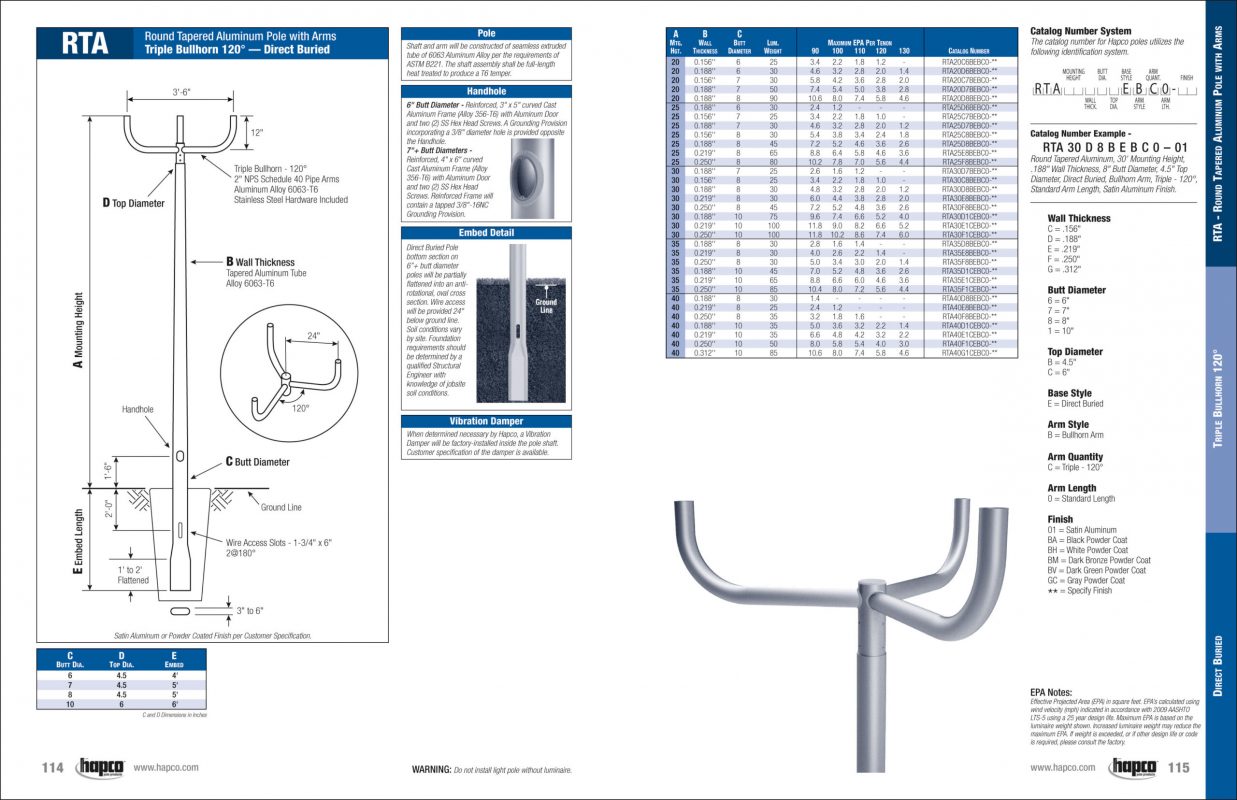 catalog page for triple bullhorn 120 arm direct buried